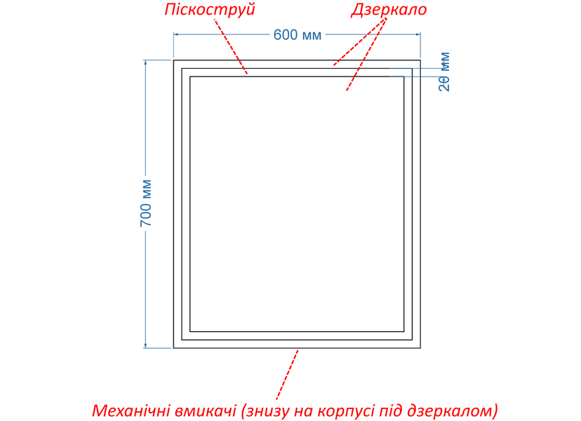 Зеркало с двумя LED подсветками прямоугольное в раме Karnet - с механическим включателем 63618238816070 фото