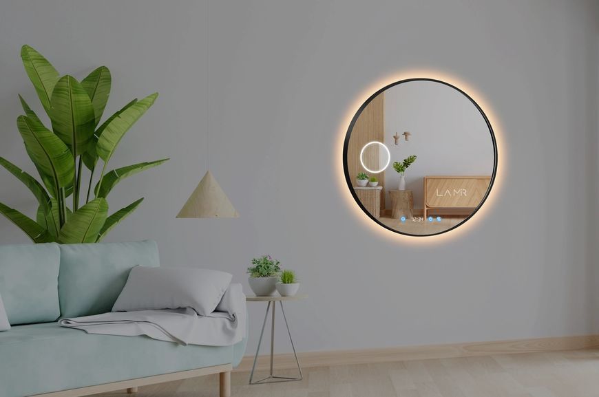 Косметичне дзеркало з LED підсвіткою стіни кругле в рамі Adeo - три сенсора, годинник, лінза з підсвіткою та підігрів дзеркала #adlwf 66115163312381100100 фото