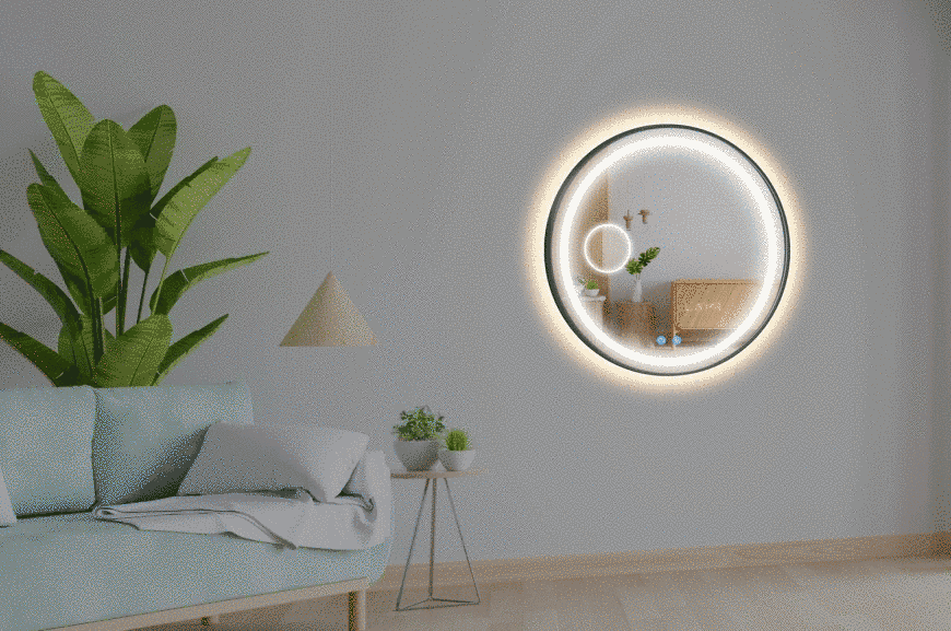 Косметическое зеркало в черной раме ПВХ с двумя LED подсветками круглое Amica - два сенсора, линза с подсветкой и подогрев зеркала #alf2 6101916184316818080-dw фото