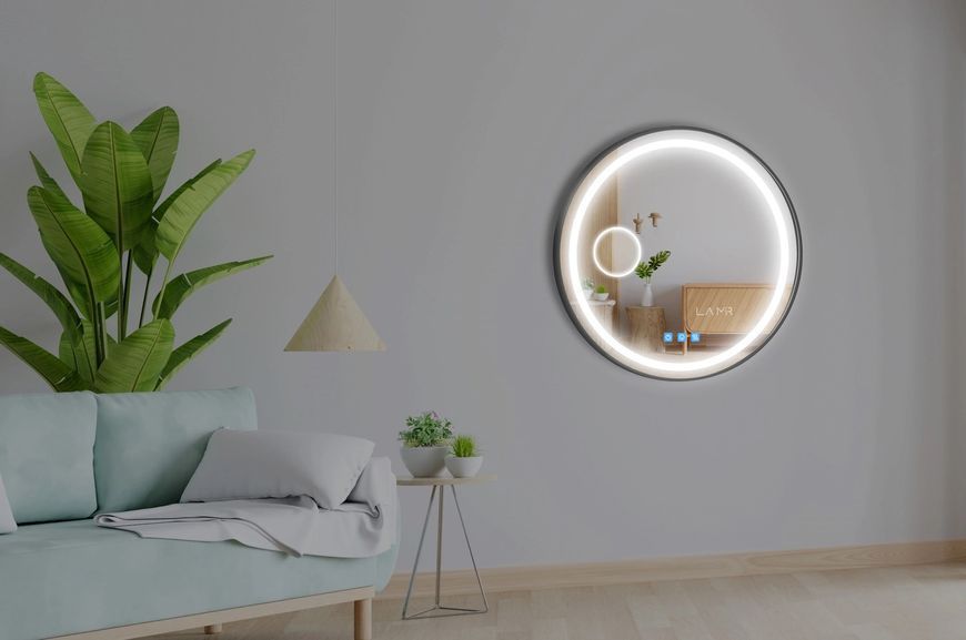 Косметическое зеркало в черной раме ПВХ с подсветкой лица LED круглое Amica - три сенсора, линза с подсветкой и подогрев зеркала #alf 61011616332381100100 фото