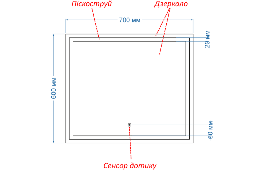 Зеркало с лицевой LED подсветкой прямоугольное в раме Karnet - с сенсором касания 6361167817060 фото