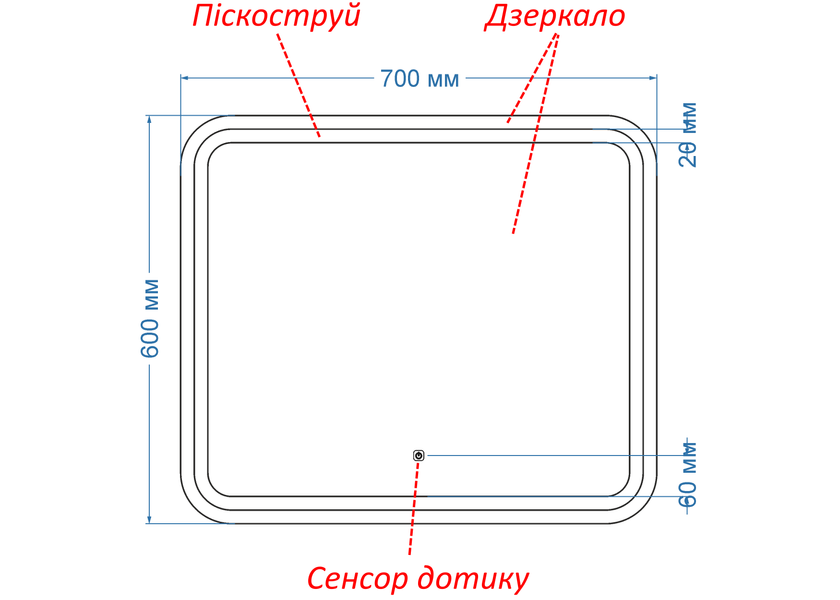 Зеркало с подсветкой лица LED закругленное Anvi - с сенсором касания 114116787060 фото