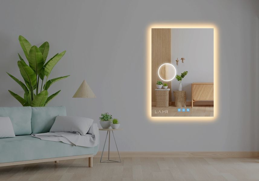 Косметическое зеркало с LED подсветкой стены прямоугольное Lucia - три сенсора, линза с подсветкой и подогрев зеркала 139115163323870110 фото