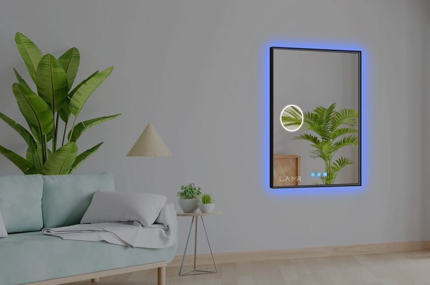Косметичне дзеркало в чорній рамі ПВХ з LED підсвіткою стіни прямокутне Lucia - три сенсора, лінза з підсвіткою та підігрів дзеркала 639120163323816080 фото