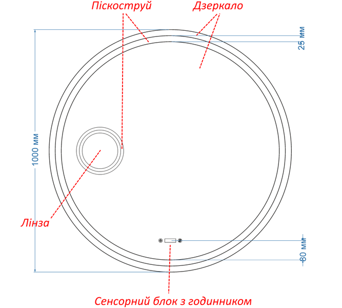 Косметичне дзеркало з двома LED підсвітками кругле Amica - два сенсора дотику, годинник лінза з підсвіткою та підігрів дзеркала #alw2 1101816184311208100100 фото