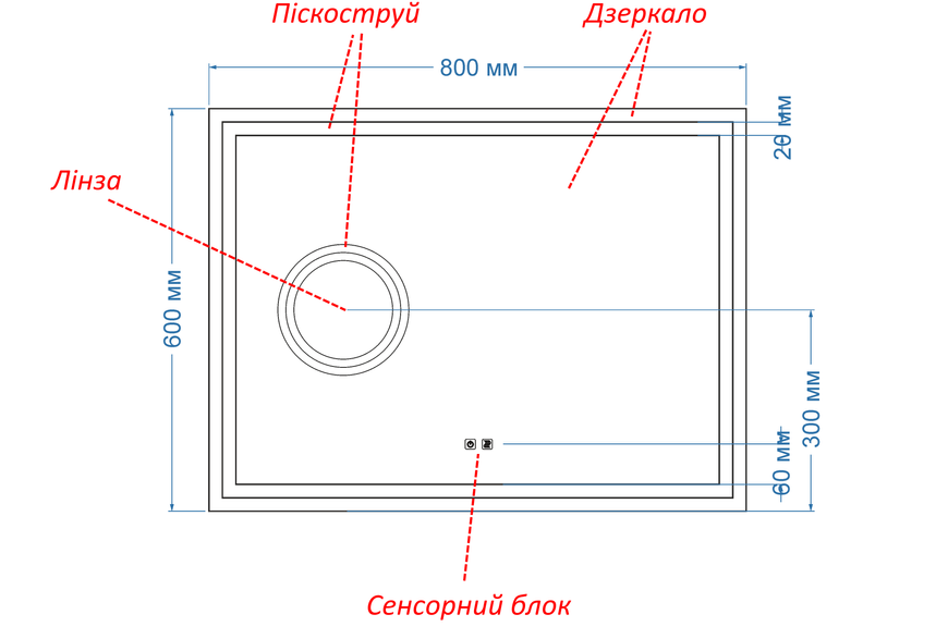 Дзеркало з лицьовою LED підсвіткою прямокутне Karnet - з трьома сенсорами, лінзою з підсвіткою 1361161631968060 фото