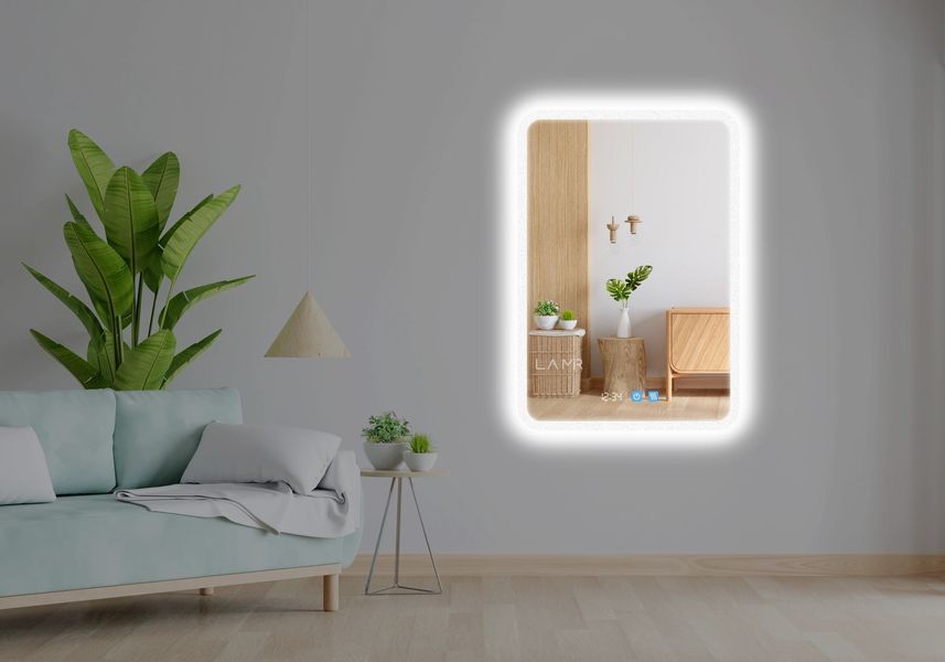 Дзеркало з підсвіткою LED контурне закруглене Ahana - два сенсора, годинник та підігрів дзеркала 18116311386070 фото
