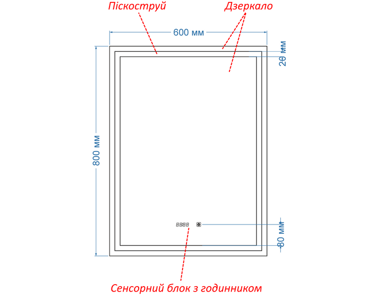 Дзеркало з двома LED підсвітками прямокутне Karnet - сенсор дотику та годинник #kw2 136191613486080-dw фото