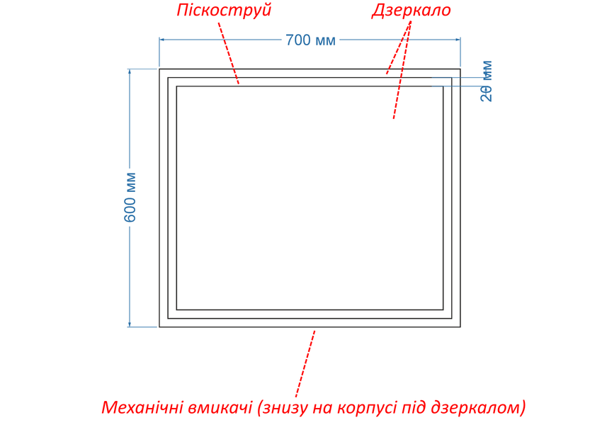 Дзеркало з лицьовою LED підсвіткою прямокутне Karnet - з механічним вмикачем 136123888060 фото