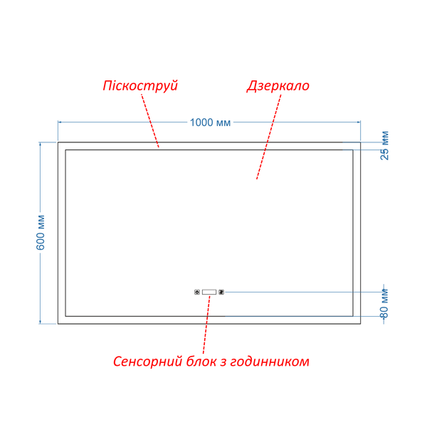 Зеркало с подсветкой LED контурне прямоугольное Simphony - два сенсора, часы и подогрев зеркала 1821163113810060 фото