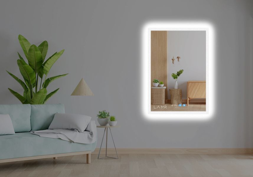 Дзеркало з підсвіткою LED контурне прямокутне Simphony - два сенсора, годинник та підігрів дзеркала 182116311386070 фото