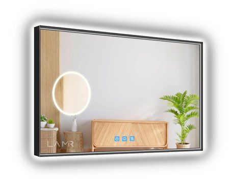 Косметическое зеркало в черной раме ПВХ с LED подсветкой стены прямоугольное Lucia - три сенсора, линза с подсветкой и подогрев зеркала 6391161633238112080 фото