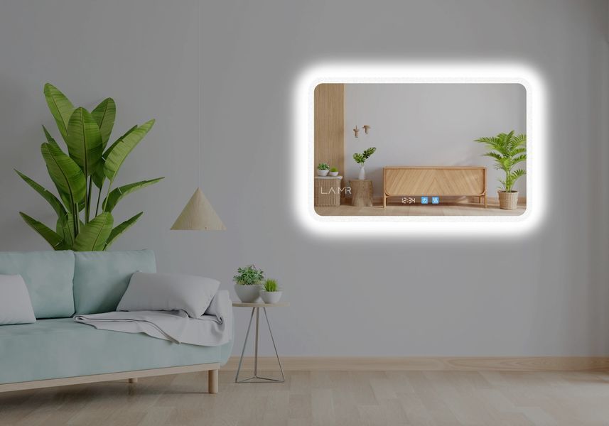 Дзеркало з підсвіткою LED контурне закруглене Ahana - два сенсора, годинник та підігрів дзеркала 18116311389080 фото