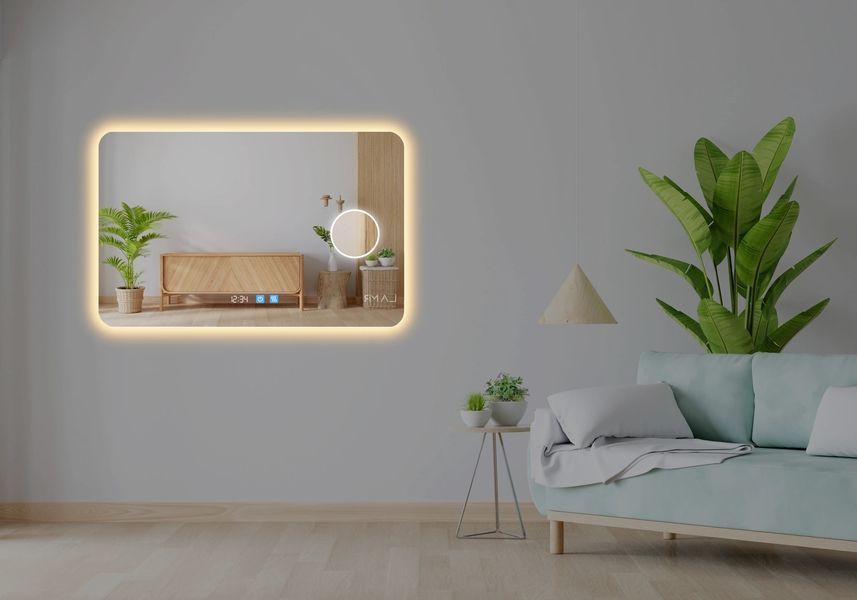 Косметическое зеркало с LED подсветкой стены закругленное Ornella - два сенсора, часы, линза с подсветкой и подогрев зеркала #orlw 16518162823112088060 фото