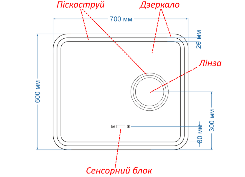 Зеркало с двумя LED подсветками закругленное в раме Anvi - два сенсора, часы, подогрев и линза с подсветкой 614191628231120817060 фото