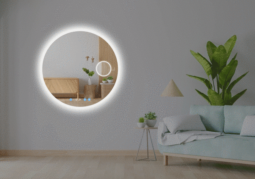 Косметическое зеркало с LED подсветкой стены круглое Adeo -три сенсора, часы, линза с подсветкой и подогрев зеркала #adlw 16116261312387070-dw фото