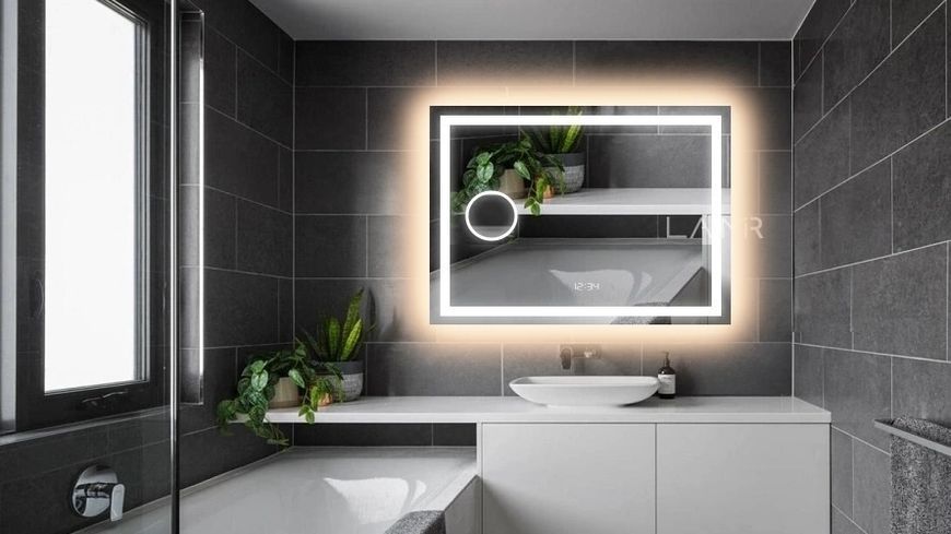 Косметическое зеркало с двумя LED подсветками прямоугольное Karnet - от вашего выключателя, часы и линза с подсветкой #klw2 1361361618415410080 фото