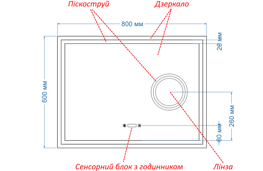 Дзеркало з двома LED підсвітками прямокутне Karnet - з двома сенсорами, годинником, підігрівом та лінза з підсвіткою 136137162823112068060 фото