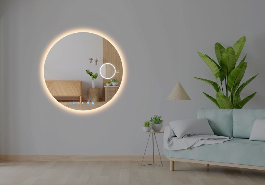Косметичне дзеркало з LED підсвіткою стіни кругле Adeo - три сенсора, годинник, лінза з підсвіткою та підігрів дзеркала #adlw 1611526131238100100 фото