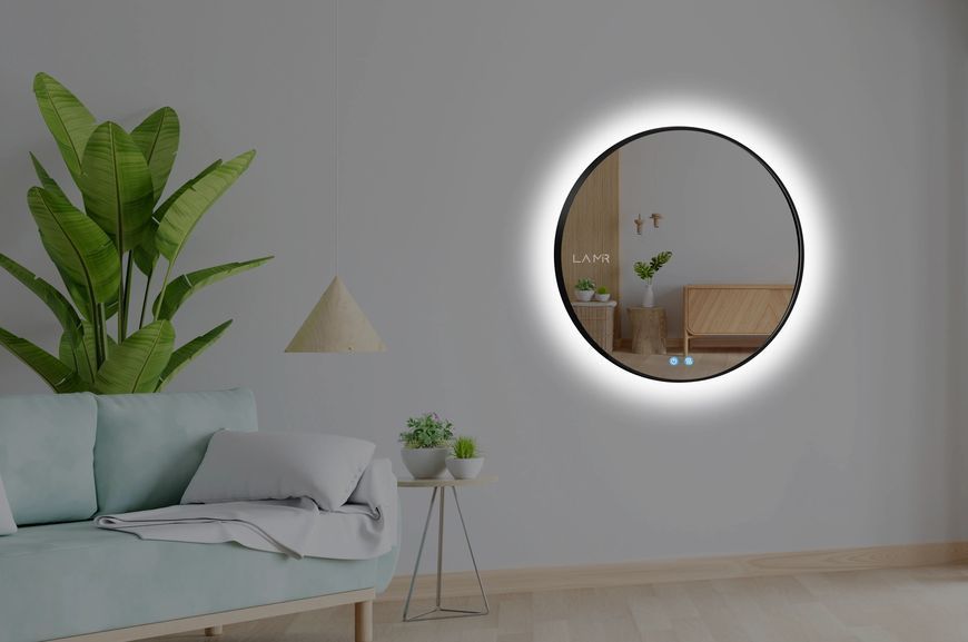 Зеркало в черной раме ПВХ с LED подсветкой стены круглое Adeo - с сенсором касания и подогрев зеркала #adcf 66116316815050 фото