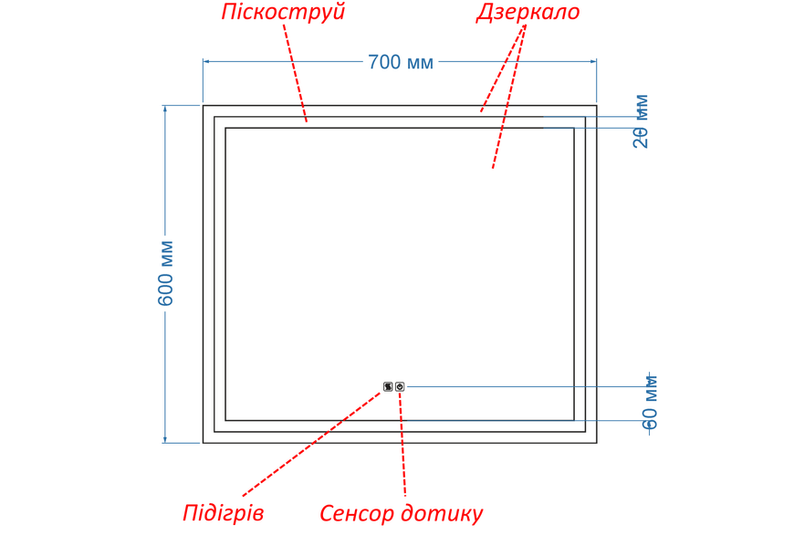 Дзеркало з двома LED підсвітками прямокутне Karnet - два сенсора та підігрів дзеркала #kx 1361361631687060 фото