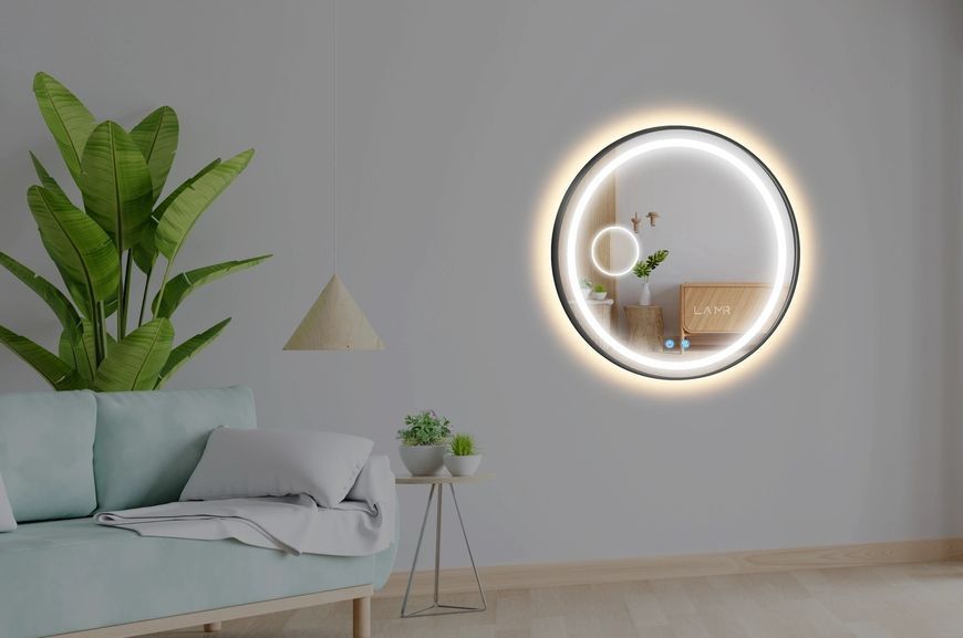 Косметичне дзеркало в чорній рамі ПВХ з двома LED підсвітками кругле Amica - два сенсора дотику, лінза з підсвіткою та підігрів дзеркала #alf2 610181618431681100100 фото