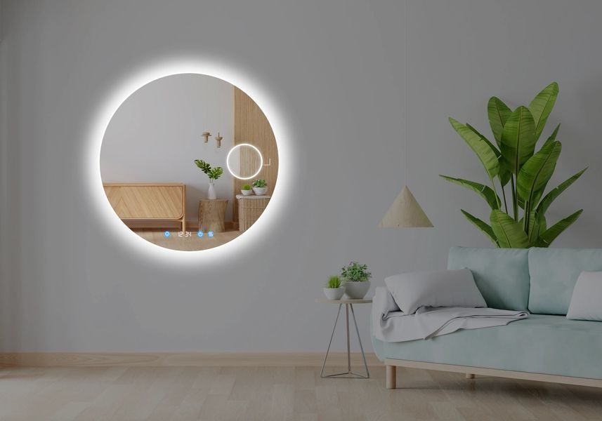 Косметичне дзеркало з LED підсвіткою стіни кругле Adeo - три сенсора, годинник, лінза з підсвіткою та підігрів дзеркала #adlw 16116261312389090 фото
