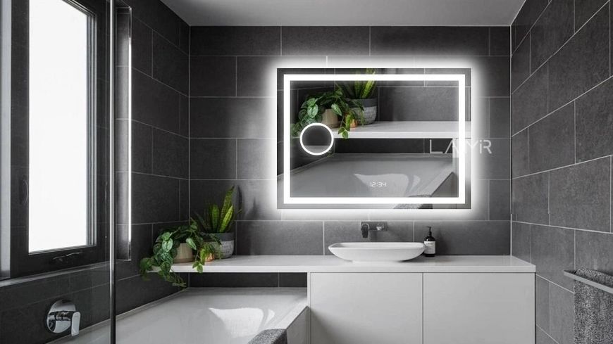 Косметичне дзеркало з двома LED підсвітками прямокутне Karnet - від вашого вимикача, годинник, лінза з підсвіткою та підігрів дзеркала #klw2 13613716184315410080 фото