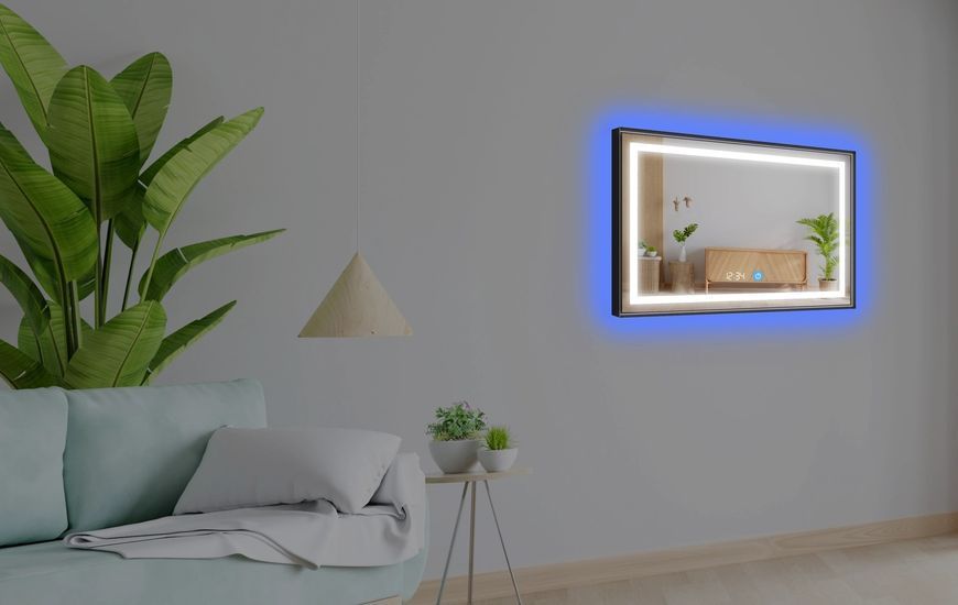 Дзеркало в чорній рамі ПВХ з двома LED підсвітками прямокутне в чорній ПВХ рамі Karnet - сенсор дотику та годинник #kwf 6361131613488060-19v фото