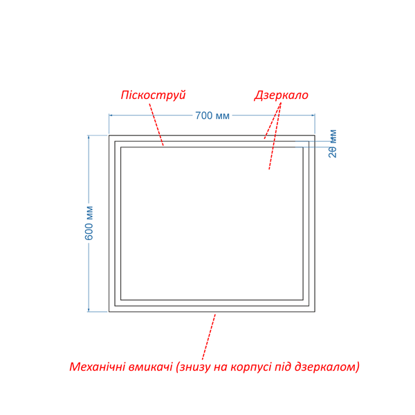 Дзеркало з лицьовою LED підсвіткою прямокутне з рамою Karnet - з механічним вмикачем 6361238817060 фото