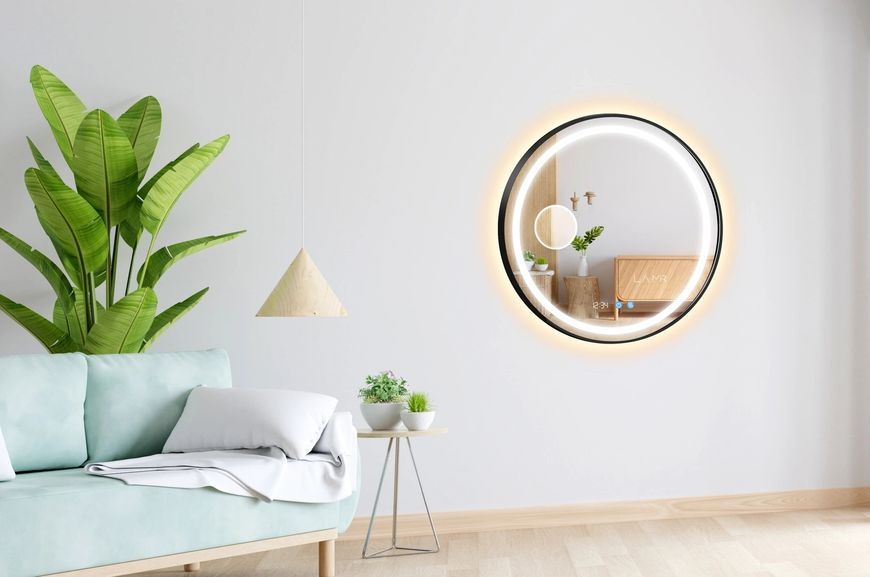 Косметическое зеркало в черной раме ПВХ с двумя LED подсветками круглое Amica - два сенсора, часы, линза с подсветкой и подогрев зеркала #alwf2 61018161843112081100100 фото