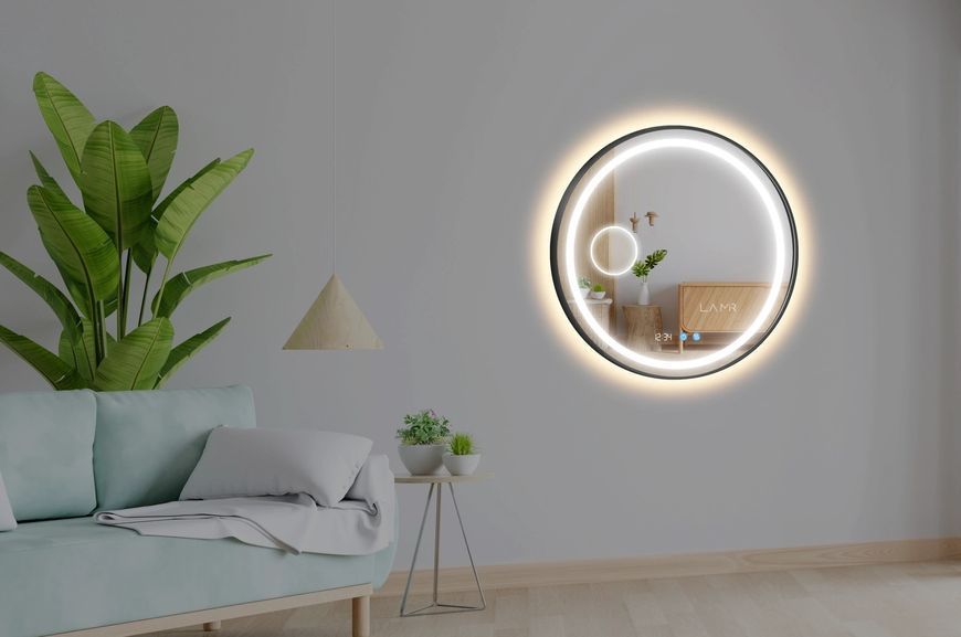 Косметическое зеркало в черной раме ПВХ с двумя LED подсветками круглое Amica - два сенсора, часы, линза с подсветкой и подогрев зеркала #alwf2 61018161843112081100100 фото