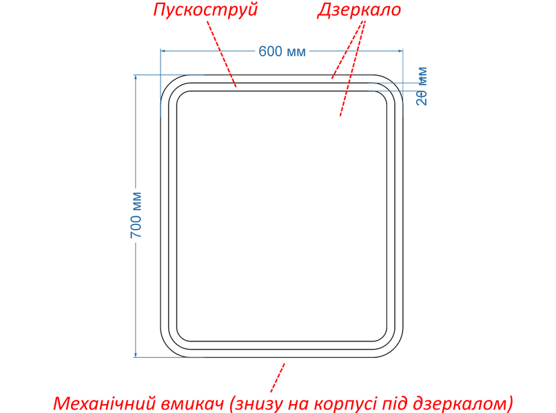 Зеркало c лицевой LED подсветкой закругленное Anvi - с механическим включателем 11419186070 фото