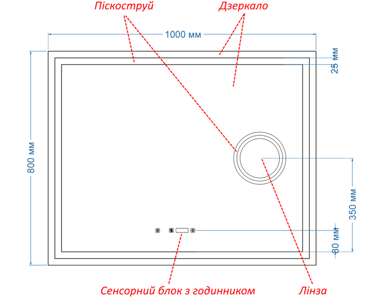 Косметическое зеркало с двумя LED подсветками прямоугольное Karnet - два сенсора, часы, подогрев, линза с подсветкой #klw2 1361371628231120610080 фото