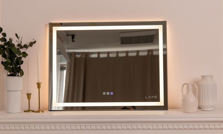 Дзеркало в чорній рамі ПВХ з динамічною LED підсвіткою прямокутне Karnet - три сенсора та підігрів дзеркала 63615016321816080 фото