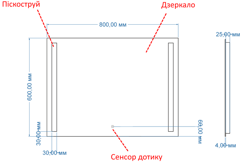 Зеркало с лицевой LED подсветкой прямоугольное Adelita - с сенсором и часами 25216788060 фото