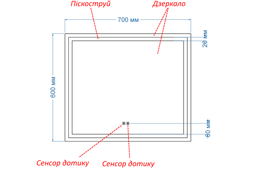 Макияжное зеркало с двойной усиленной подсветкой лица LED 16V прямоугольное Karnet - с двумя сенсорами касания 136116787060-16V фото