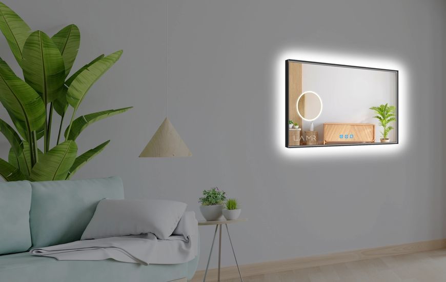 Косметичне дзеркало в чорній рамі ПВХ з LED підсвіткою стіни прямокутне Lucia - три сенсора, лінза з підсвіткою та підігрів дзеркала 639116163323819080 фото