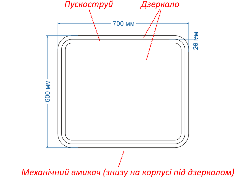 Зеркало c лицевой LED подсветкой закругленное Anvi - с механическим включателем 11419187060 фото