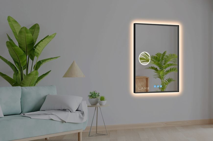 Косметичне дзеркало в чорній рамі ПВХ з LED підсвіткою стіни прямокутне Lucia - три сенсора, лінза з підсвіткою та підігрів дзеркала 639115163323816080 фото