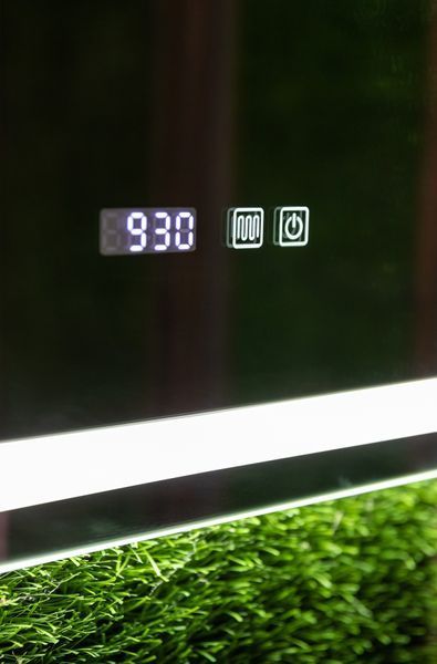 Дзеркало в чорній рамі ПВХ з двома LED підсвітками прямокутне в чорній ПВХ рамі Karnet - два сенсора, годинник та підігрів дзеркала #kwf 6361816313488060 фото