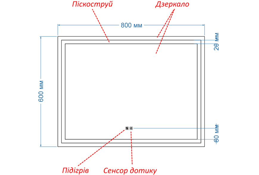 Дзеркало з двома LED підсвітками прямокутне Karnet - з сенсором дотику та підігрівом та підігрівом #kc2 1361929788060 фото